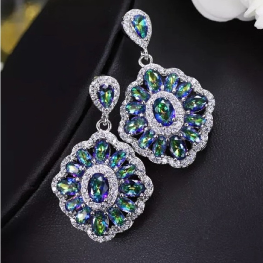 Elegant Silver Rainbow Mystic Topaz CZ Blue Purple Green Crystal Earrings